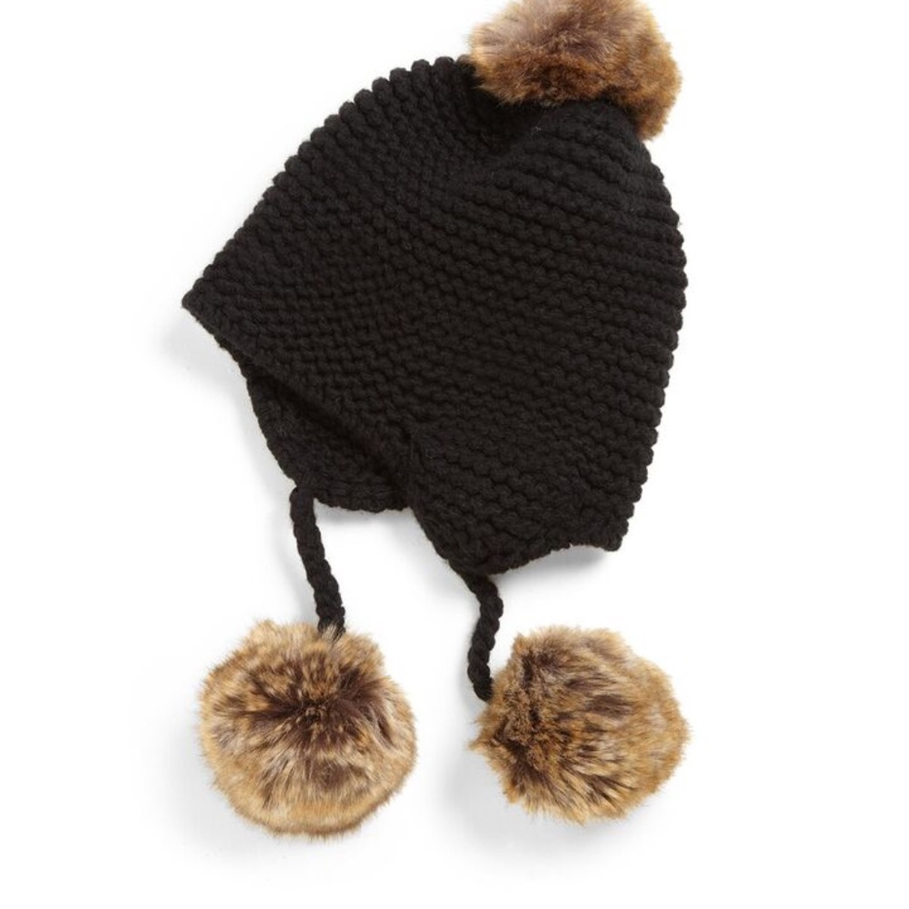 $150 RALPH LAUREN Chocolate Fur Pom Pom Flap ear HAT Cashmere Age 6 MINT Italy!